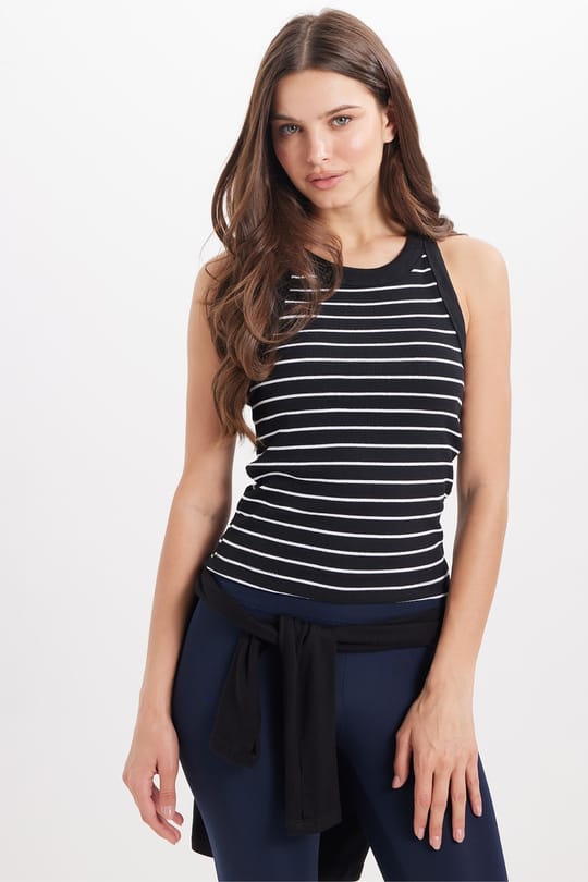 Kadın Slim Fit Dar Kesim Pamuklu Askılı Bisiklet Yaka Çizgili Siyah Crop Atlet