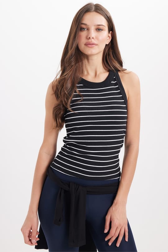 Kadın Slim Fit Dar Kesim Pamuklu Askılı Bisiklet Yaka Çizgili Siyah Crop Atlet