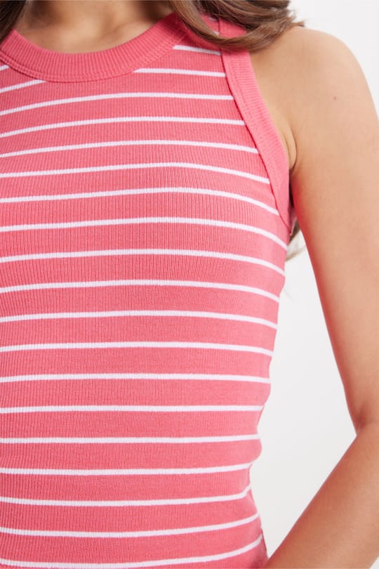 Kadın Slim Fit Dar Kesim Pamuklu Askılı Bisiklet Yaka Çizgili Pembe Crop Atlet