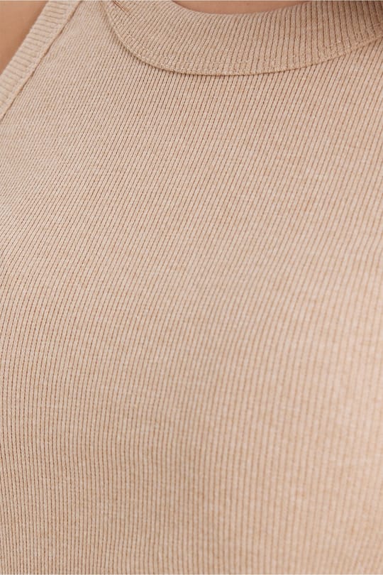 Kadın Slim Fit Dar Kesim Pamuklu Askılı Bisiklet Yaka Vizon Crop Atlet