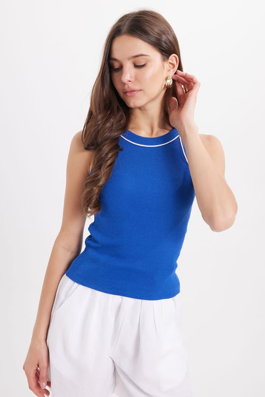 Kadın Slim Fit Dar Kesim Pamuklu Askılı Bisiklet Yaka Biyeli Saks Mavi Crop Atlet