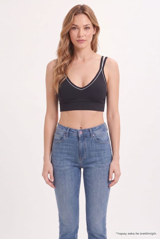 Kadın Slim Fit Dar Kesim Çapraz Bağlamalı Askılı V Yaka Siyah Crop 