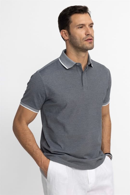 Erkek Regular Fit Rahat Kesim Pamuklu Gizli Düğme Gri Polo Yaka Tişört
