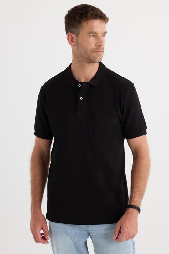 Erkek Regular Fit Klasik Kesim %100 Pamuk Düz Pike Siyah Polo Yaka Tişört