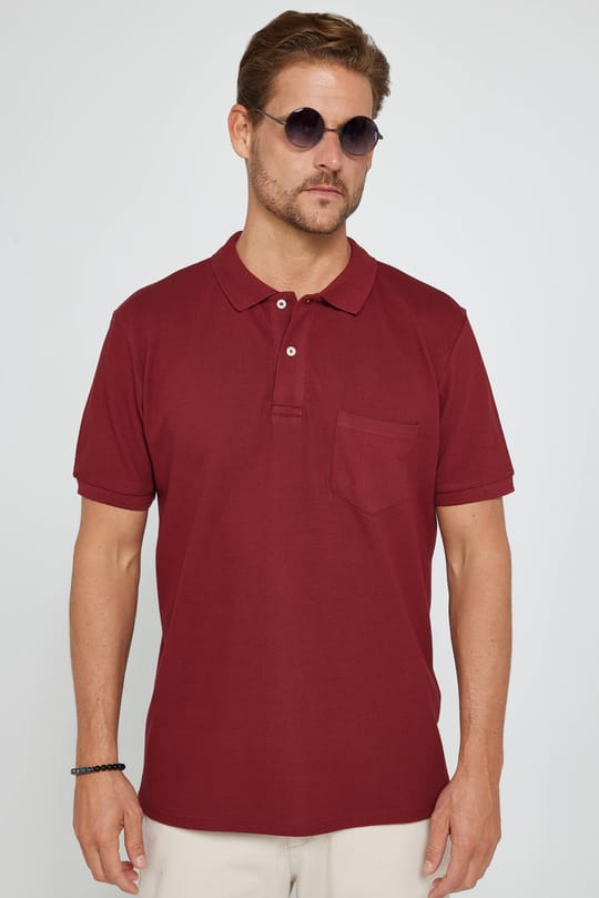 Erkek Polo Yaka Cepli Klasik Fit Düz Pamuklu Pike Bordo Tişört