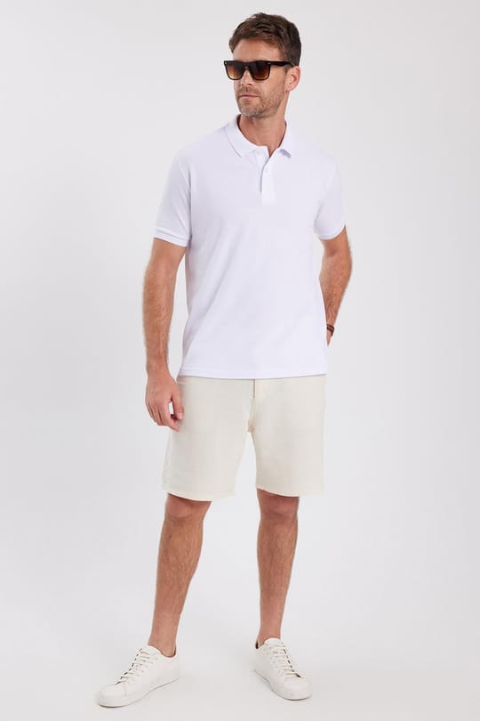 Erkek Regular Fit Klasik Kesim Pamuklu Yumuşak Dokulu Serin Tutan Kumaş Düz Beyaz Polo Yaka Tişört