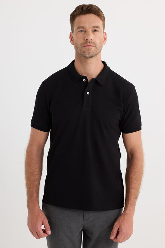 Erkek Regular Fit Klasik Kesim Pamuklu Yumuşak Dokulu Serin Tutan Kumaş Düz Siyah Polo Yaka Tişört