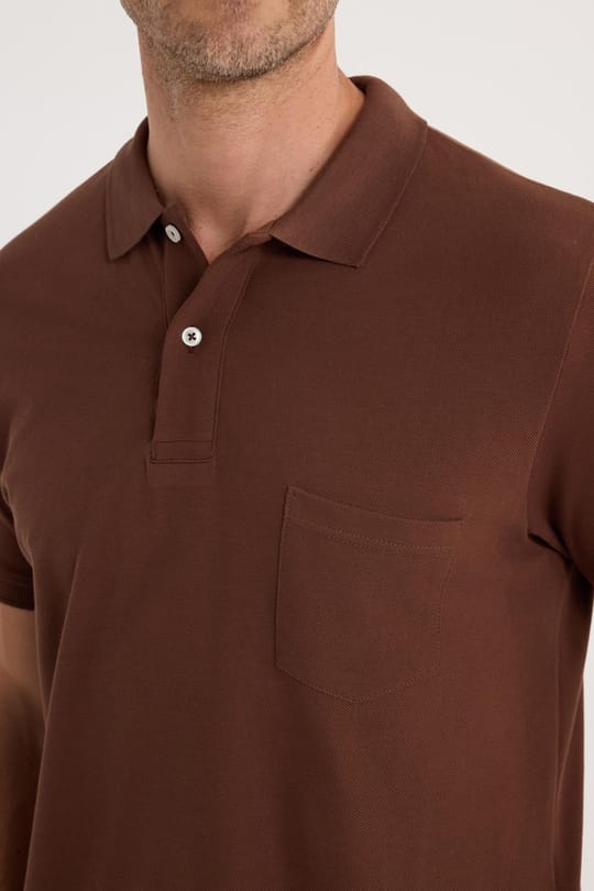 Erkek Regular Fit Klasik Kesim %100 Pamuk Düz Pike Cepli Koyu Kahverengi Polo Yaka Tişört