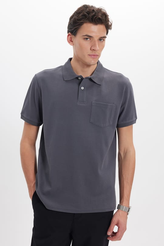 Erkek Regular Fit Klasik Kesim %100 Pamuk Düz Pike Gri Polo Yaka Tişört