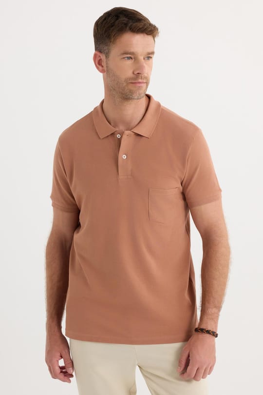 Erkek Regular Fit Klasik Kesim %100 Pamuk Düz Pike Cepli Kahverengi Polo Yaka Tişört