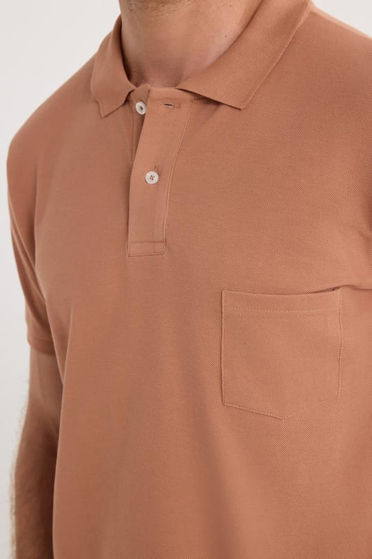 Erkek Regular Fit Klasik Kesim %100 Pamuk Düz Pike Cepli Kahverengi Polo Yaka Tişört