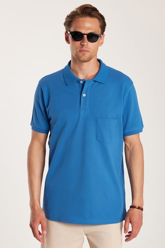 Erkek Regular Fit Klasik Kesim %100 Pamuk Düz Pike Cepli İndigo Polo Yaka Tişört