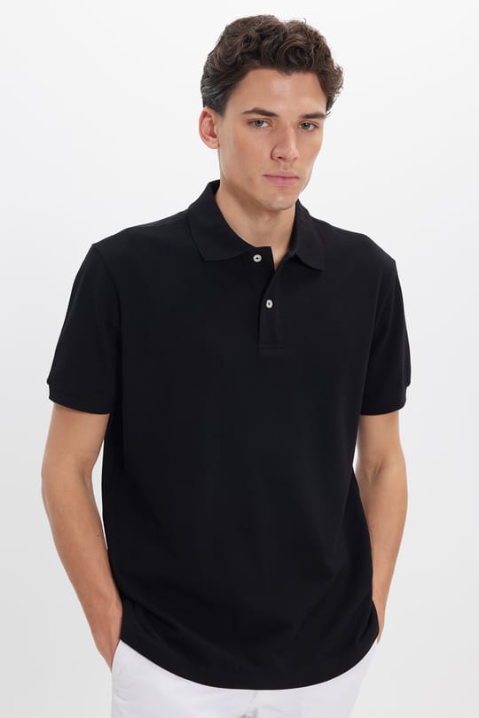 Erkek Regular Fit Rahat Kesim %100 Pamuk Düz Pike Siyah Polo Yaka Tişört