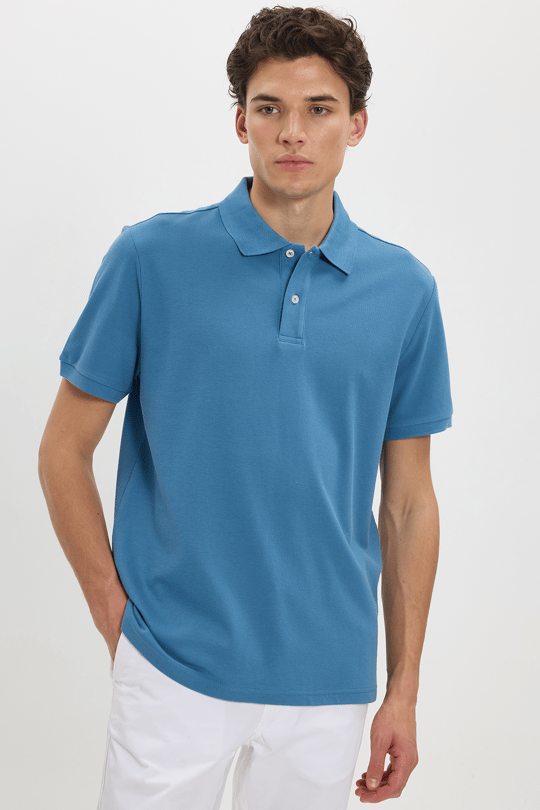 Erkek Regular Fit Rahat Kesim %100 Pamuk Düz Pike Mavi Polo Yaka Tişört