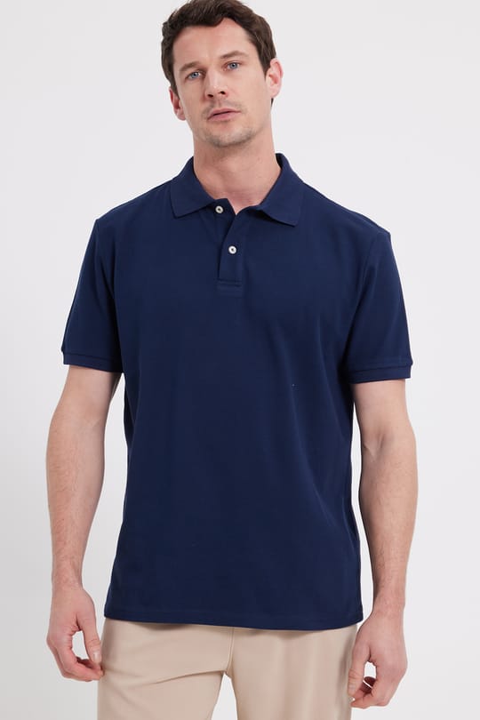 Erkek Regular Fit Rahat Kesim %100 Pamuk Düz Pike Lacivert Polo Yaka Tişört