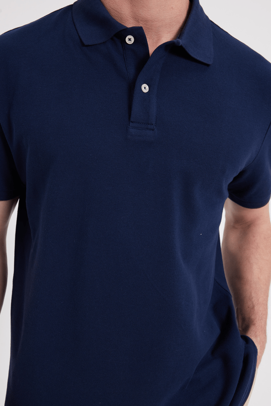 Erkek Regular Fit Rahat Kesim %100 Pamuk Düz Pike Lacivert Polo Yaka Tişört
