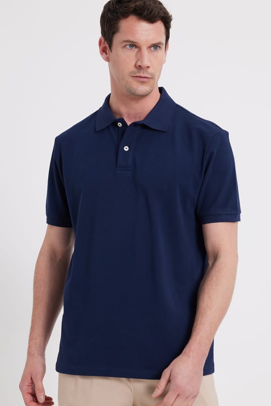 Erkek Regular Fit Rahat Kesim %100 Pamuk Düz Pike Lacivert Polo Yaka Tişört
