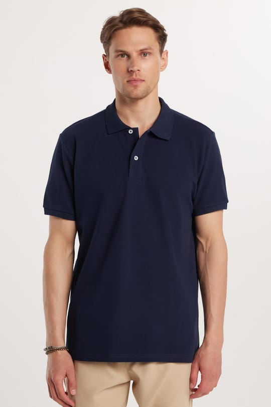 Erkek Regular Fit Rahat Kesim %100 Pamuk Düz Pike Lacivert Polo Yaka Tişört