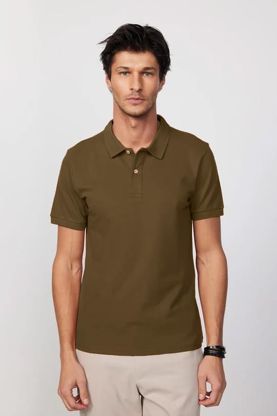 Erkek Regular Fit Rahat Kesim %100 Pamuk Düz Pike Koyu Vizon Polo Yaka Tişört