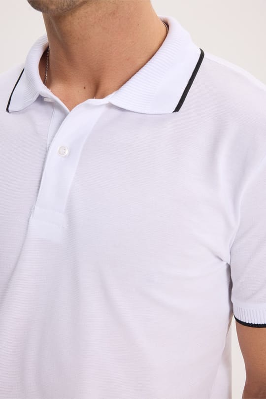Erkek Regular Fit Rahat Kesim %100 Pamuk Kısa Kollu Çizgi Detaylı Beyaz Polo Yaka Tişört