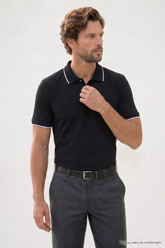 Erkek Regular Fit Rahat Kesim %100 Pamuk Kısa Kollu Çizgi Detaylı  Siyah Polo Yaka Tişört