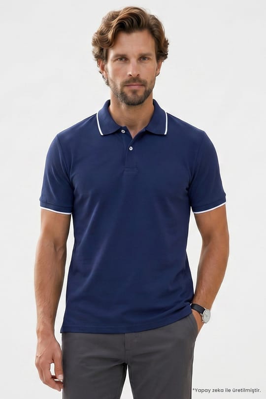 Erkek Regular Fit Rahat Kesim %100 Pamuk Kısa Kollu Çizgi Detaylı Lacivert Polo Yaka Tişört