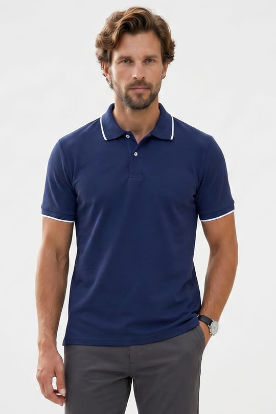 Erkek Regular Fit Rahat Kesim %100 Pamuk Kısa Kollu Çizgi Detaylı Lacivert Polo Yaka Tişört