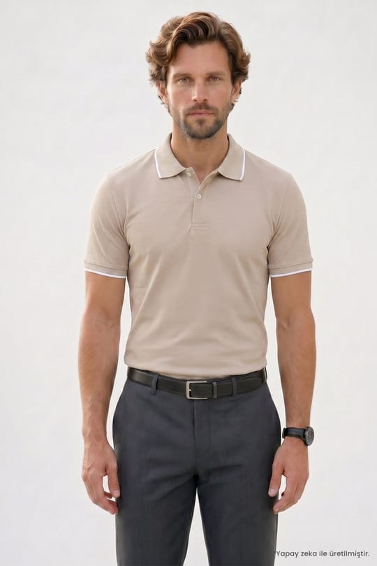 Erkek Regular Fit Rahat Kesim %100 Pamuk Kısa Kollu Çizgi Detaylı Bej Polo Yaka Tişört