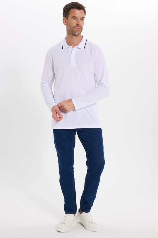 Erkek Regular Fit Rahat Kesim %100 Pamuk Düğmeli Beyaz Polo Yaka Sweatshirt
