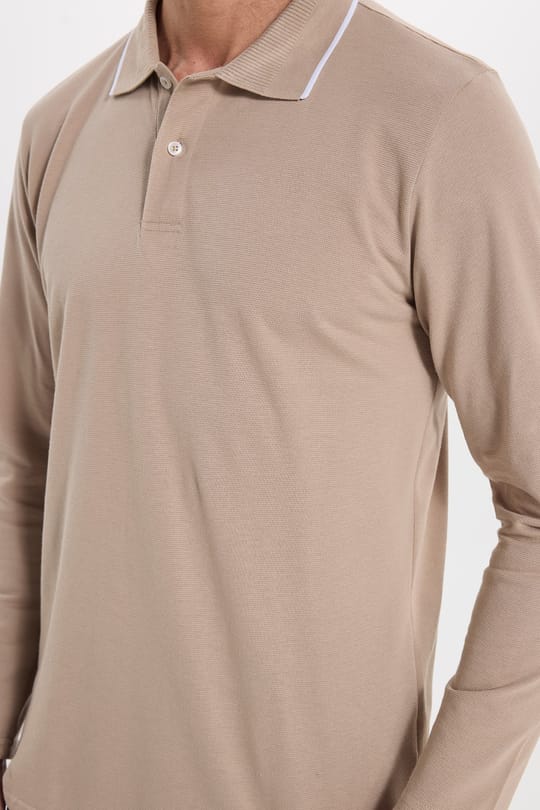 Erkek Regular Fit Rahat Kesim %100 Pamuk Uzun Kollu Düğmeli Taş Rengi Polo Yaka Tişört