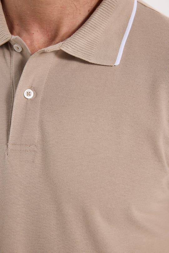 Erkek Regular Fit Rahat Kesim %100 Pamuk Uzun Kollu Düğmeli Taş Rengi Polo Yaka Tişört