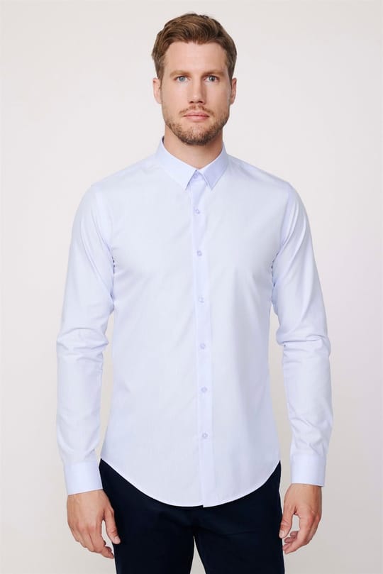 Slim Fit Uzun Kollu Pamuklu Kolay Ütü Erkek Mavi Gömlek