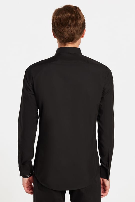 Slim Fit Uzun Kollu Pamuklu Kolay Ütü Siyah Erkek Gömlek