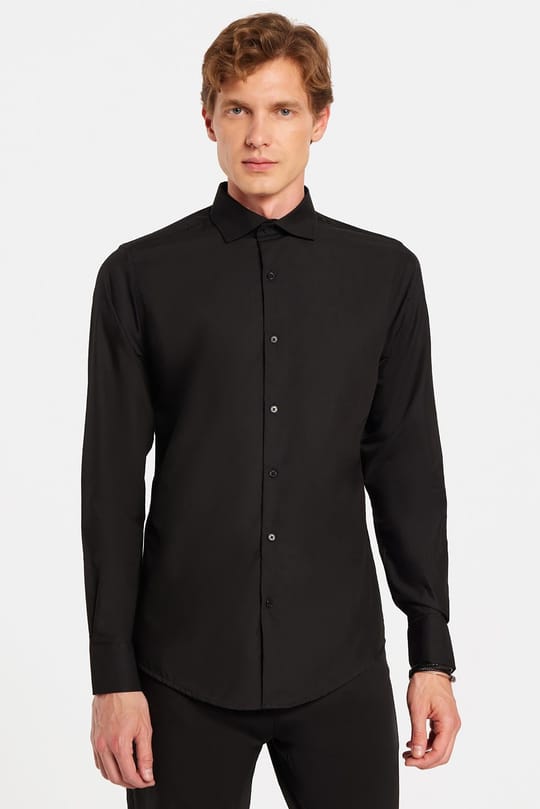 Slim Fit Uzun Kollu Pamuklu Kolay Ütü Siyah Erkek Gömlek