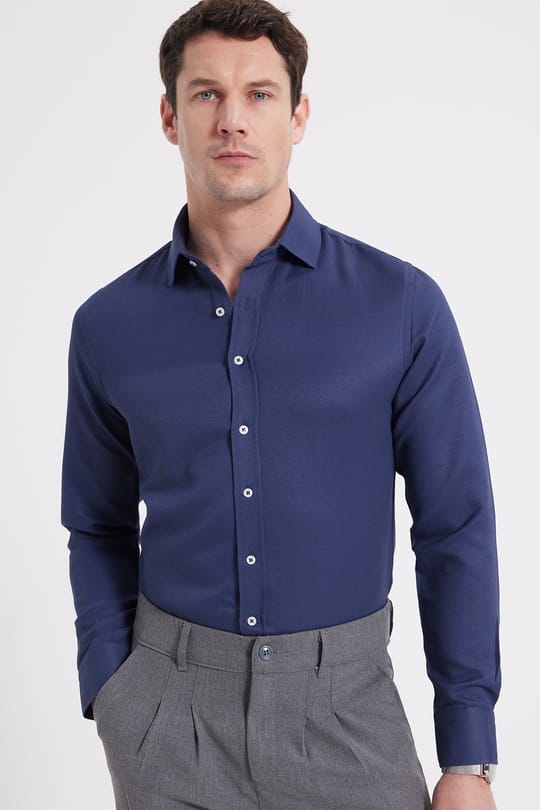 Modern Slim Fit Uzun Kollu Pamuklu Kolay Ütü Armürlü Erkek Lacivert Gömlek