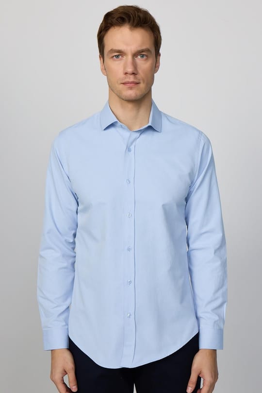 Slim Fit Uzun Kollu Pamuklu Kolay Ütülenebilir Armürlü Erkek Mavi Gömlek
