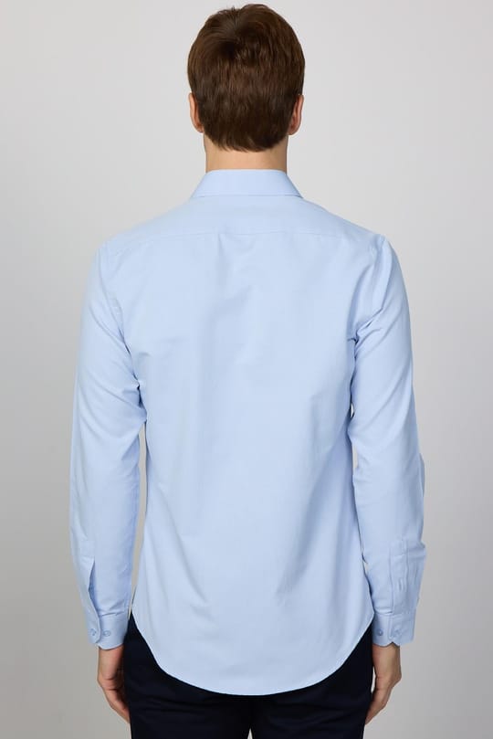 Slim Fit Uzun Kollu Pamuklu Kolay Ütülenebilir Armürlü Erkek Mavi Gömlek