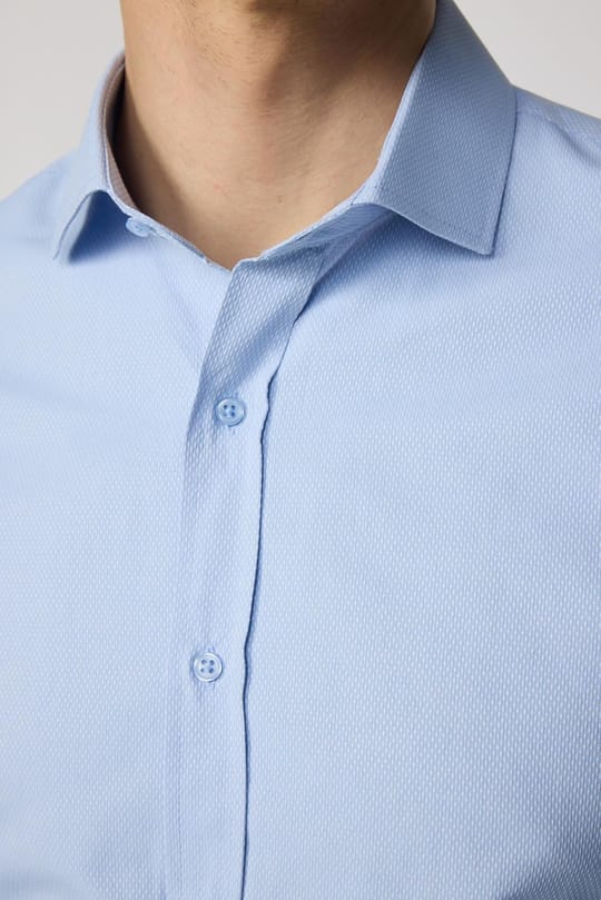 Slim Fit Uzun Kollu Pamuklu Kolay Ütülenebilir Armürlü Erkek Mavi Gömlek