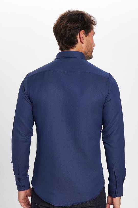 Erkek Slim Fit Dar Kesim Uzun Kollu Pamuklu Kolay Ütü Armürlü Lacivert Gömlek