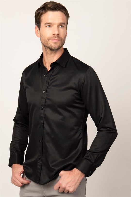 Slim Fit Uzun Kollu Armürlü Erkek Siyah Gömlek