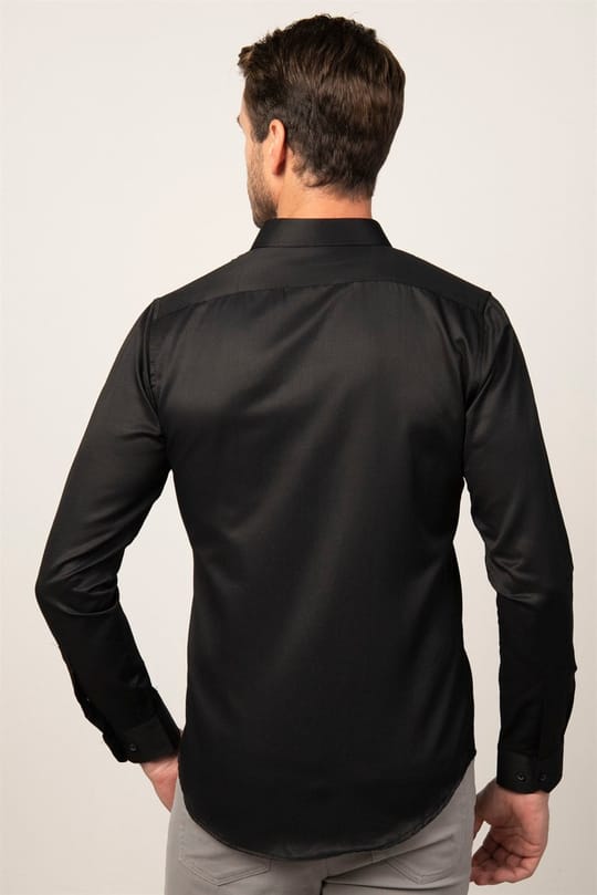 Slim Fit Uzun Kollu Armürlü Erkek Siyah Gömlek