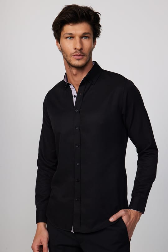 Slim Fit Düğmeli Yaka Pamuklu Kolay Ütü Düz Erkek Gömlek