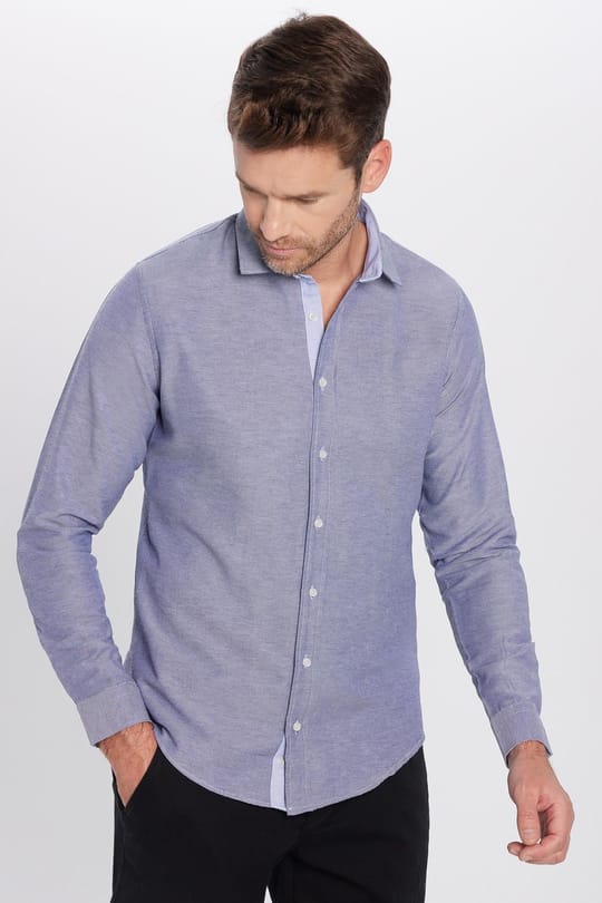 Erkek Slim Fit Dar Kesim Pamuklu Kolay Ütü Düğmeli Yaka Düz Mavi Gömlek