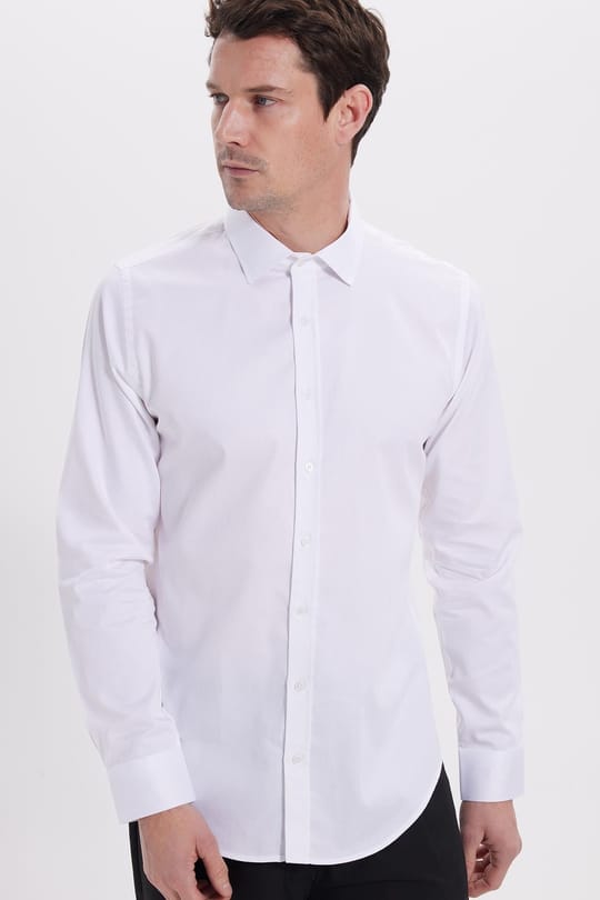 Slim Fit Uzun Kollu Pamuk Saten Erkek Beyaz Gömlek