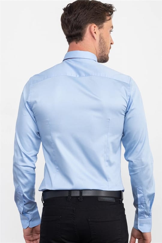 Slim Fit Uzun Kollu Pamuk Saten Erkek Mavi Gömlek