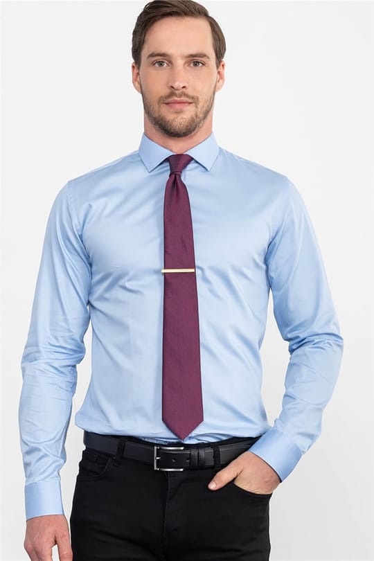 Slim Fit Uzun Kollu Pamuk Saten Erkek Mavi Gömlek