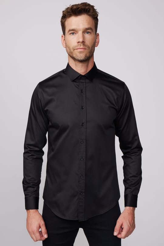 Slim Fit Pamuk Saten Erkek Siyah Gömlek