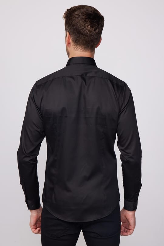Slim Fit Uzun Kollu Pamuk Saten Erkek Siyah Gömlek