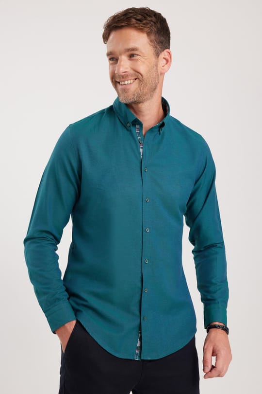 Erkek Slim Fit Dar Kesim Uzun Kollu Pamuklu Oxford Doku Kolay Ütülenebilir Yeşil Düğmeli Yaka Gömlek