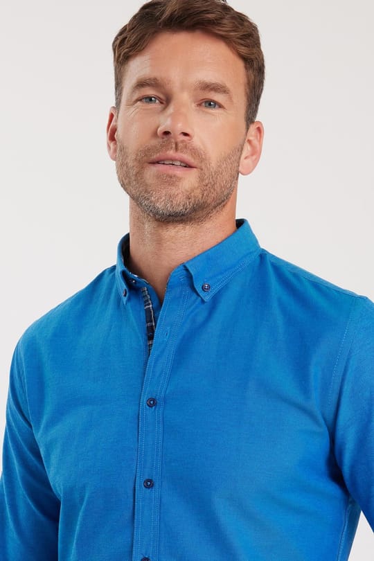 Erkek Slim Fit Dar Kesim Uzun Kollu Pamuklu Oxford Doku Lacivert Düğmeli Yaka Gömlek
